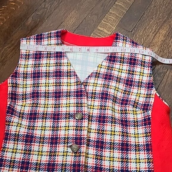 Vintage 50s 60s Handmade Red Blue Yellow Plaid Vest Unisex Napolean Buttons - Picture 7 of 12